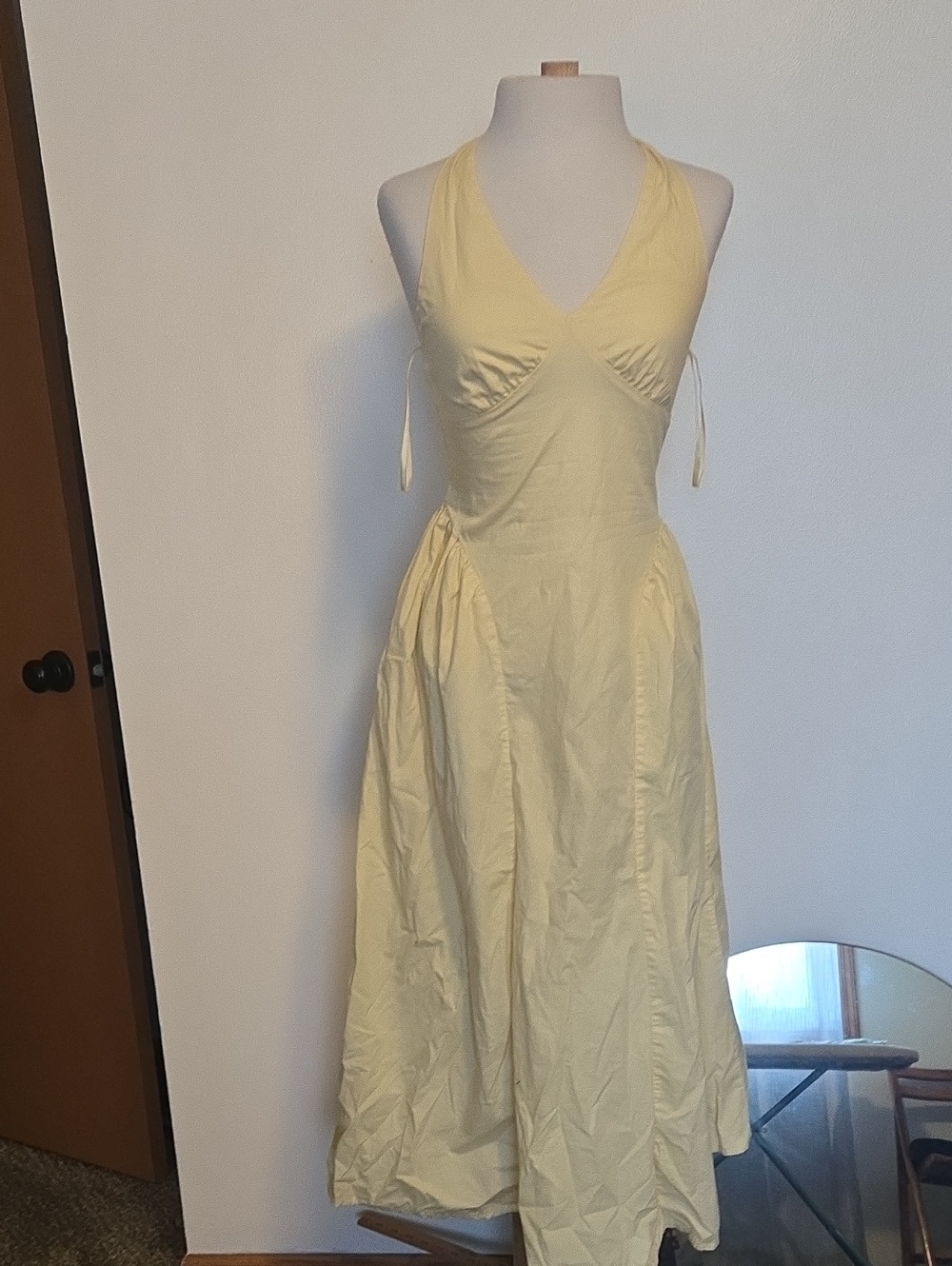 Women's Pale Yellow V-Neck Halter Cotton Dress